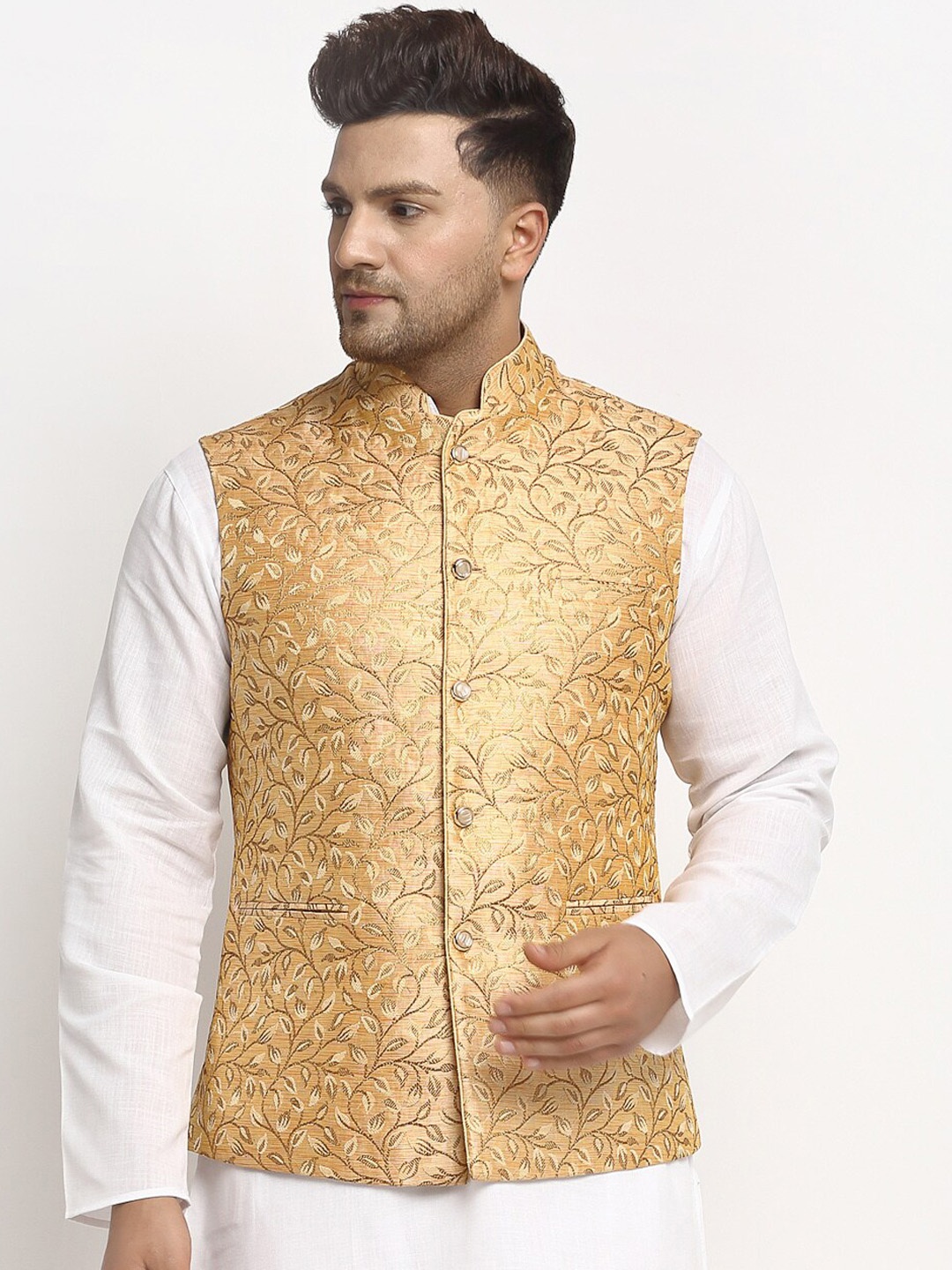 

TREEMODA Men Gold-Toned Woven Design Brocade Nehru Jacket