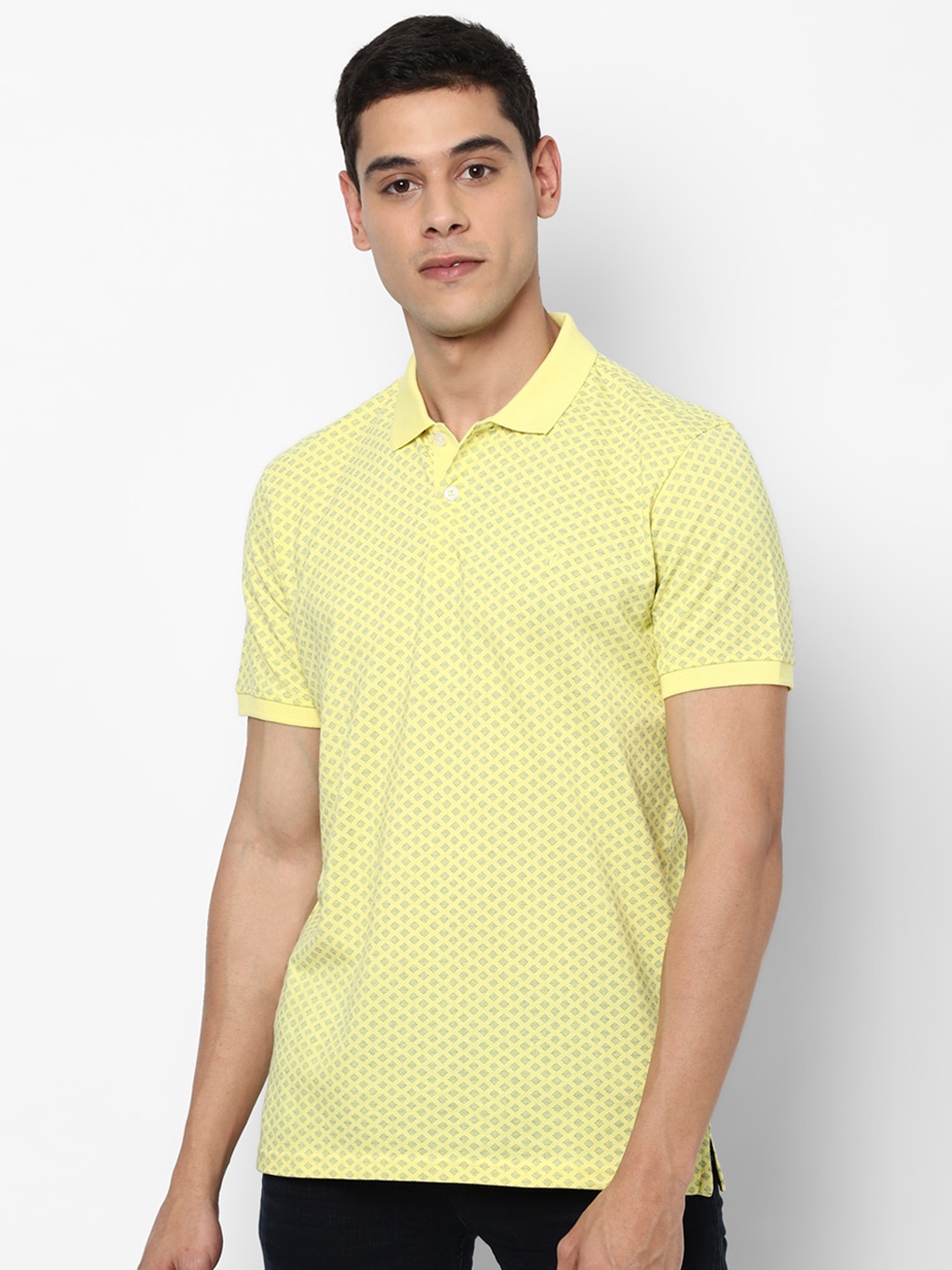 Allen Solly Men Yellow Printed Cotton Polo Collar Pure Cotton T-shirt