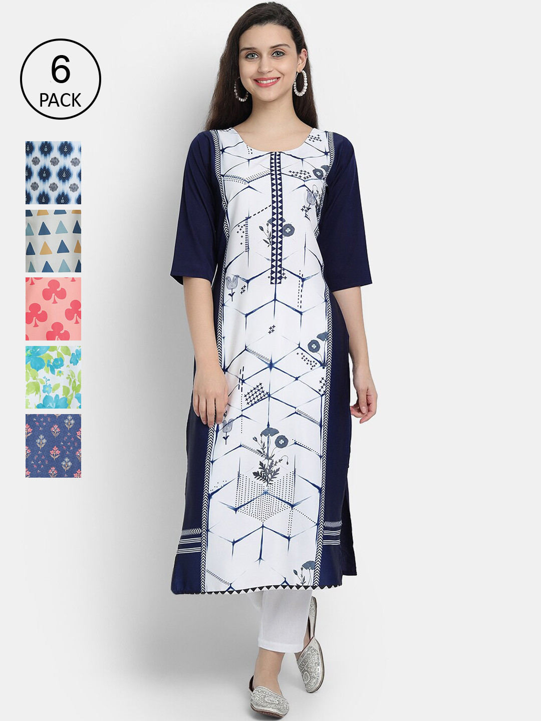 

7Threads Women Pack of 6 Multicoloured Printed Crepe Kurta, Multi