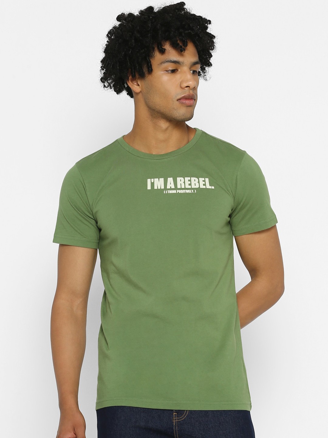 

FOREVER 21 Men Green Printed V-Neck T-shirt