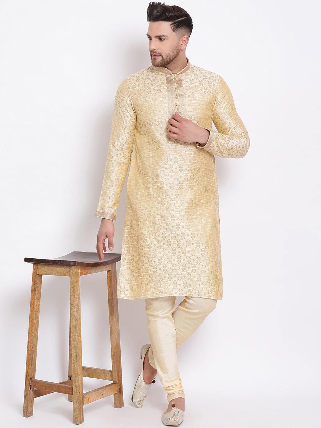 

Sanwara Men Beige Self Design Kurta with Churidar