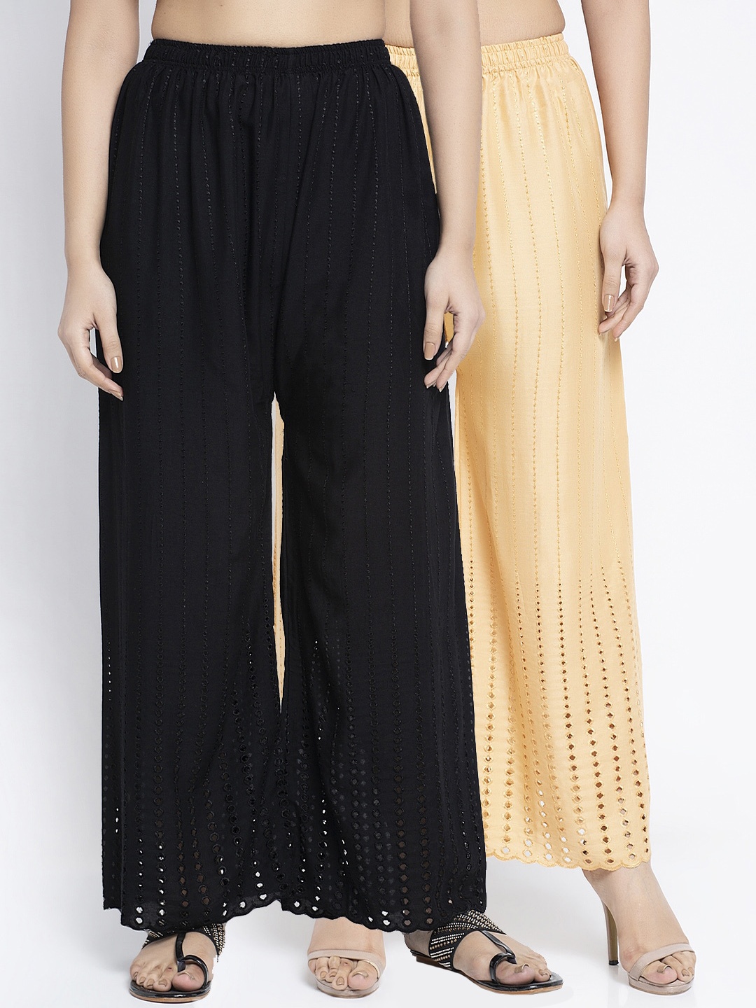 

GRACIT Women Pack of 2 Black & Beige Self Design Flared Palazzos
