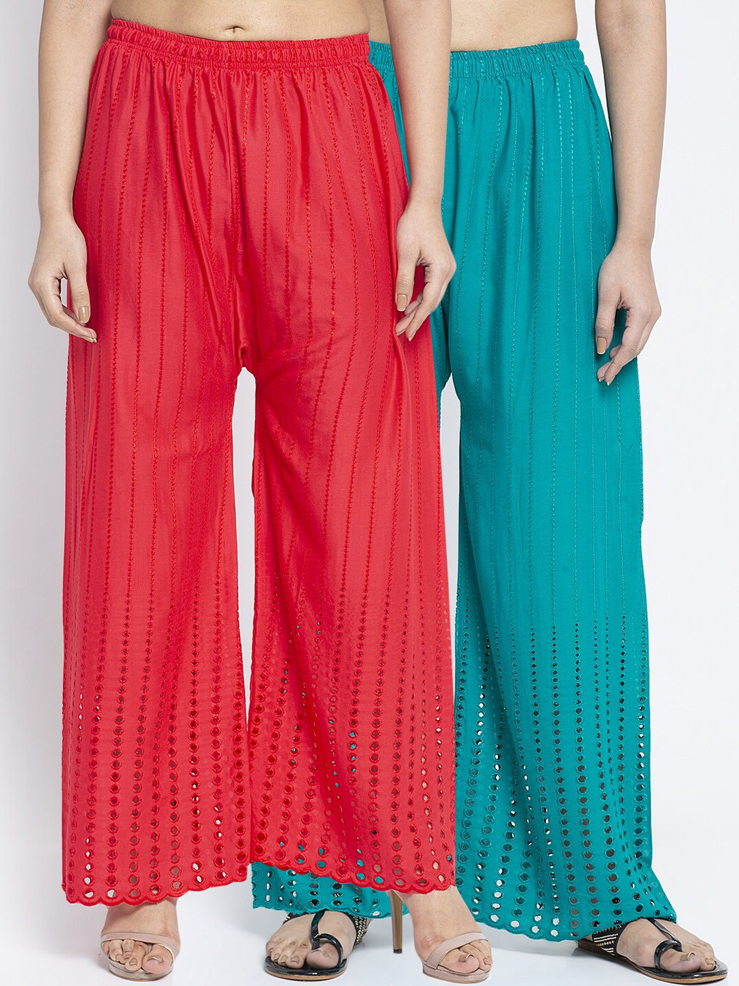 

GRACIT Women Pack of 2 Red Self Design Flared Palazzos