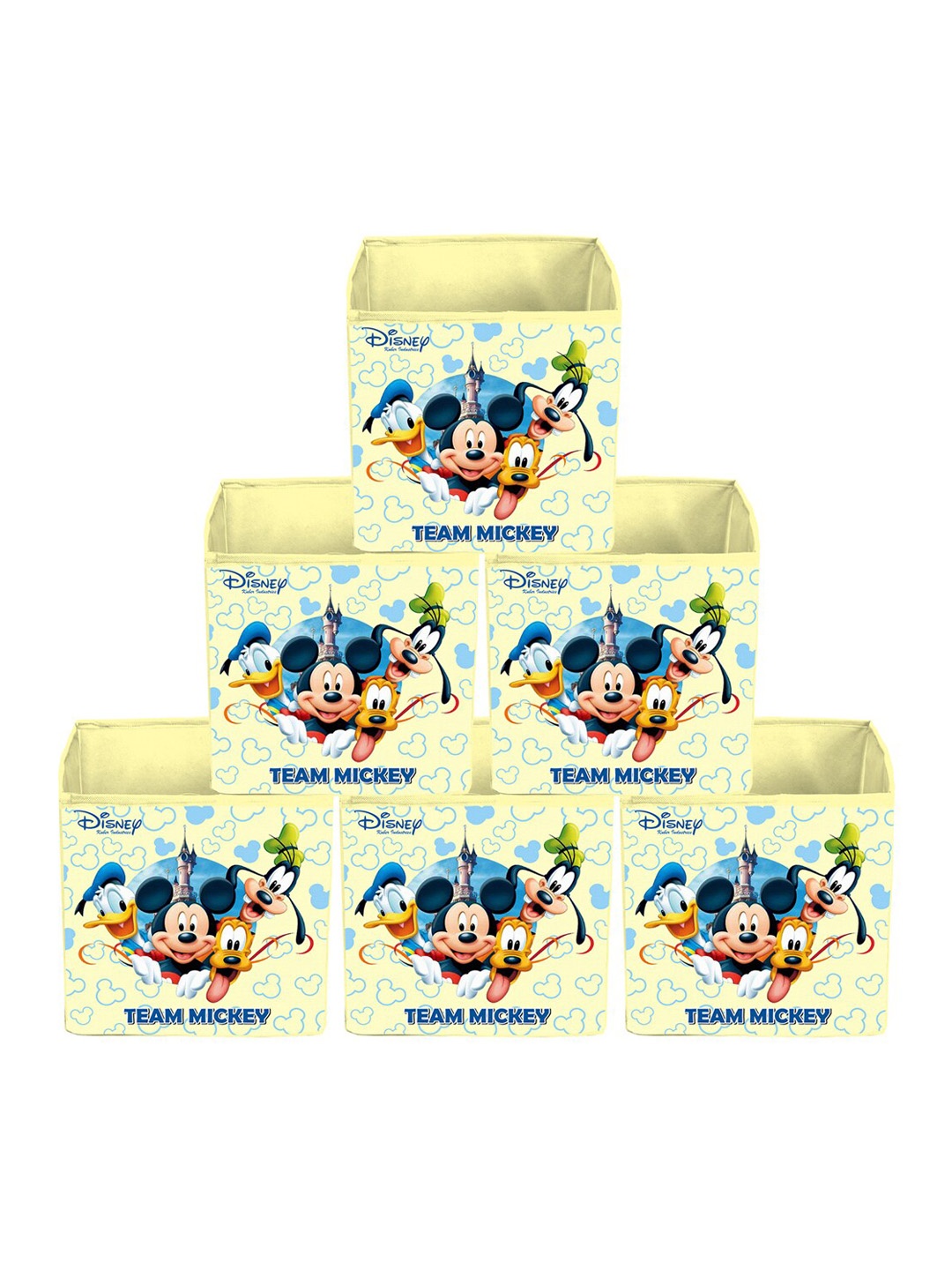 Kuber Industries Set Of 6 Yellow & Blue Disney Team Mickey Printed Foldable Extra Large Storage Cube Organisers