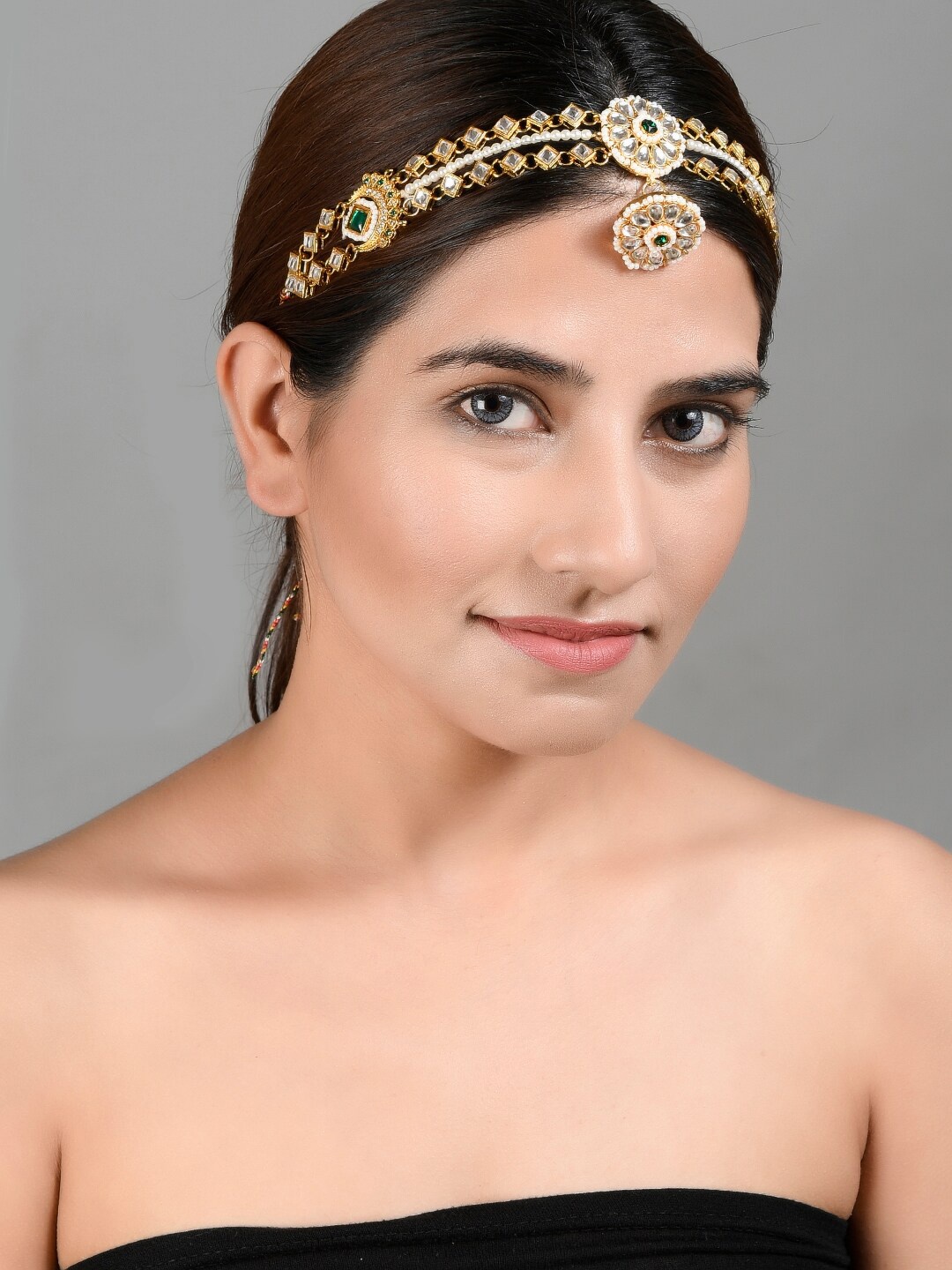 

Silvermerc Designs Gold-Plated & White Pearl Studded Meenakari Matha Patti