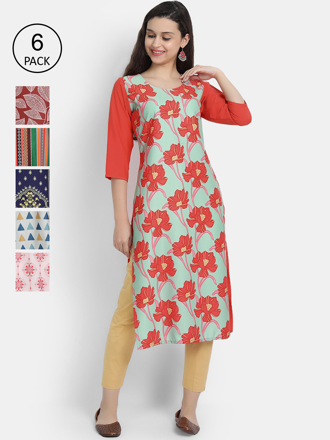 

7Threads Women Pack of 6 Multicoloured Ethnic Motifs Printed Crepe Kurta, Multi