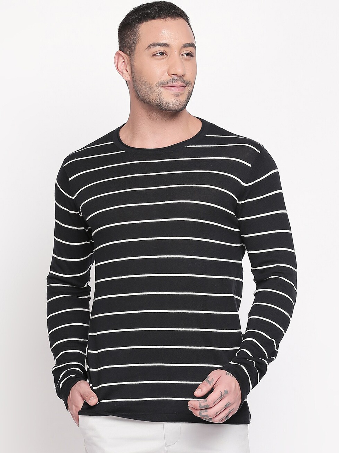 

Urban Ranger by pantaloons Men Black Striped Pullover Sweater