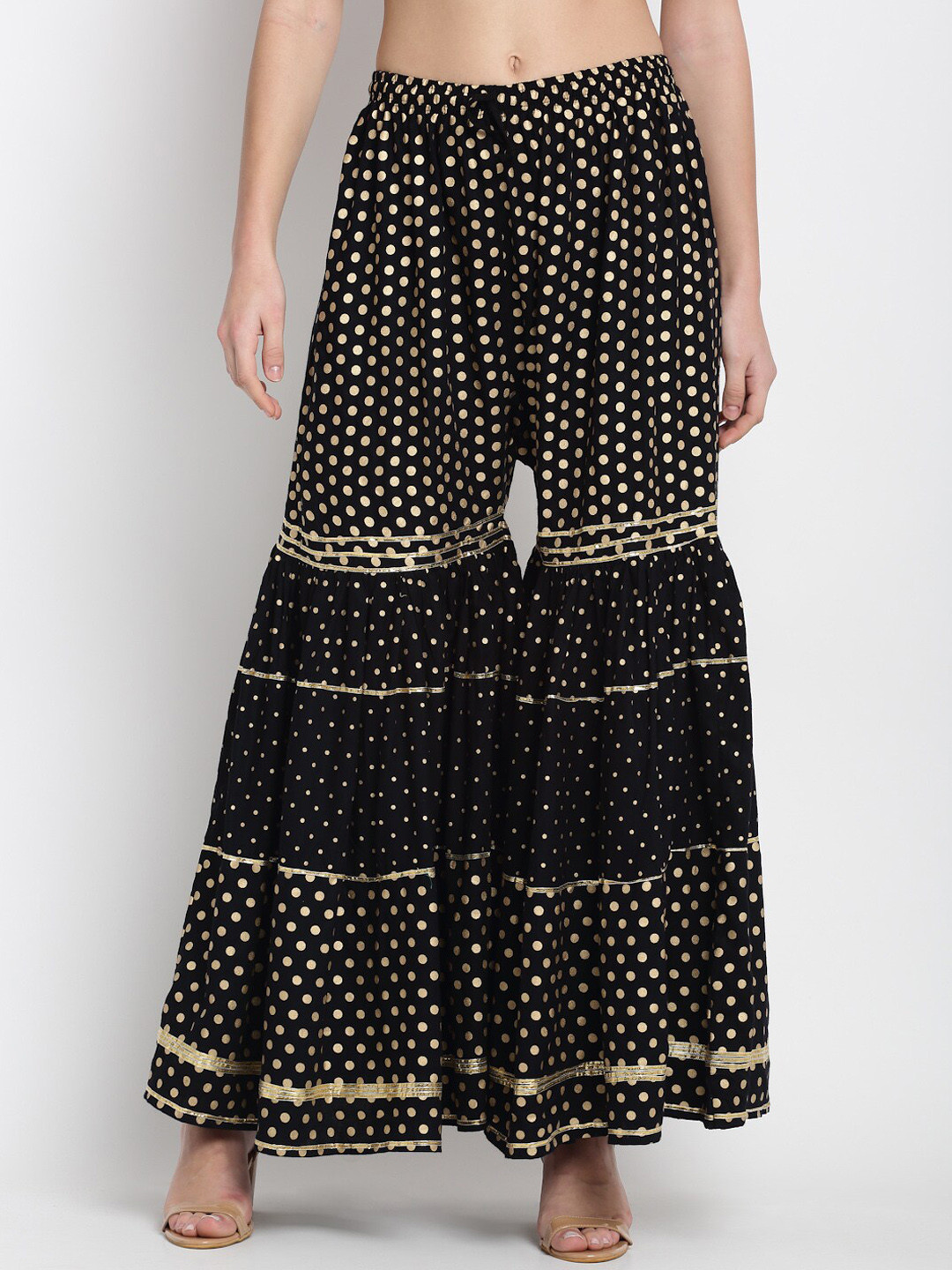 

Miaz Lifestyle Women Black & Gold-Toned Flared Foil Printed Sharara