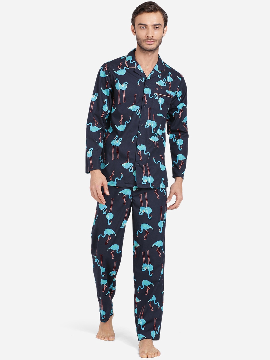 

Bene Kleed Men Navy Blue & Pink Animal Print Night Suit