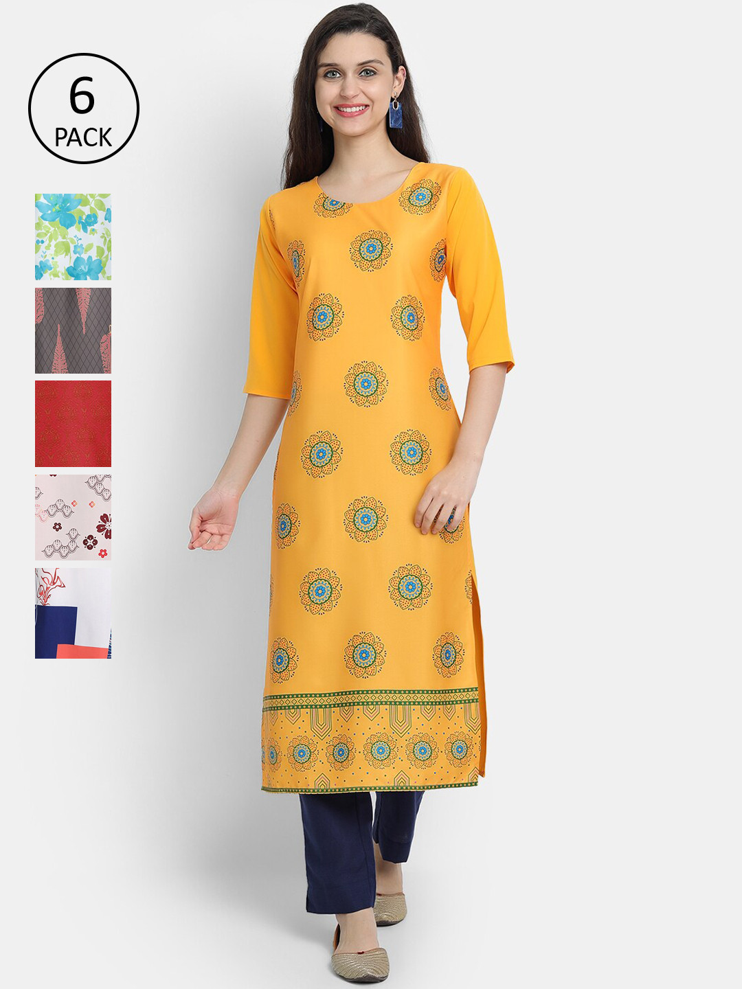 

7threads Women Multicoloured Pack of 6 Floral Printed Crepe Kurta, Multi