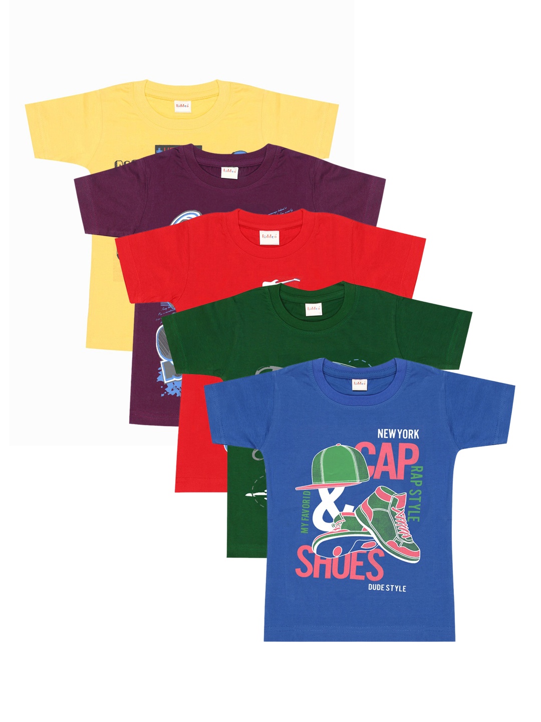 

Kiddeo Boys Pack of 5 Multicoloured Printed Round Neck T-shirt, Multi