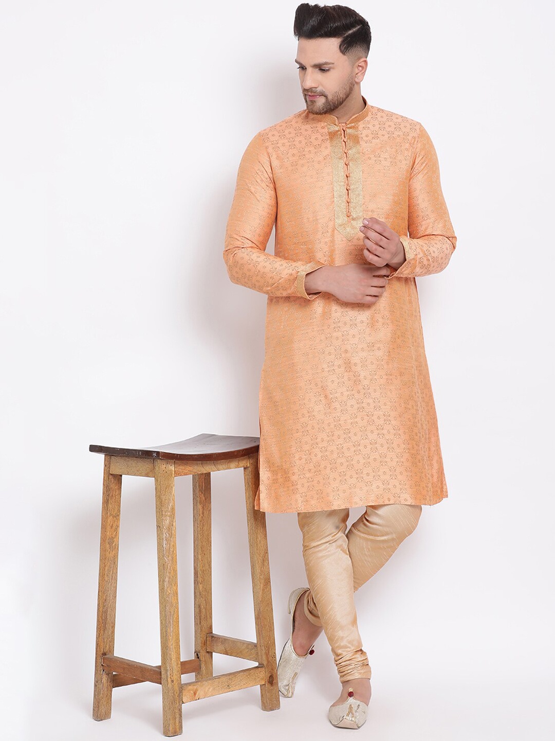 

Sanwara Men Peach-coloured Woven Design Art Silk Kurta