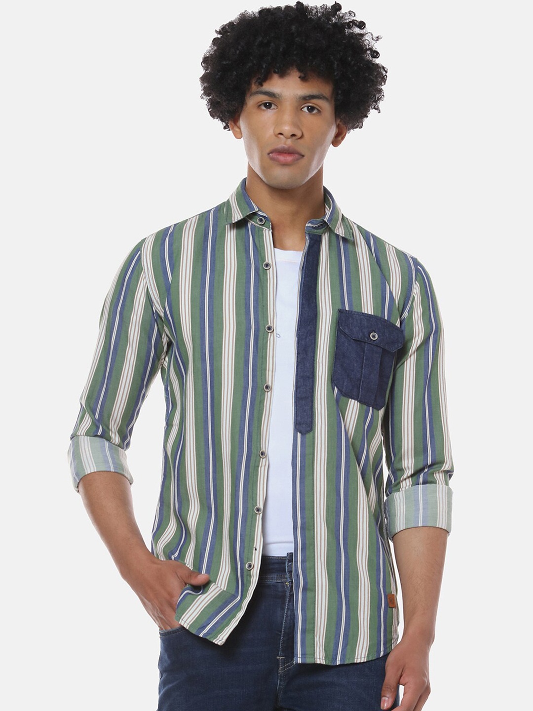 

Campus Sutra Men Olive Green Regular Fit Striped Casual Shirt