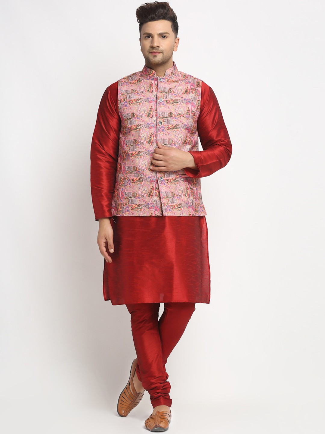 

Benstoke Men Maroon Solid KKurta Set with Nehru Jacket