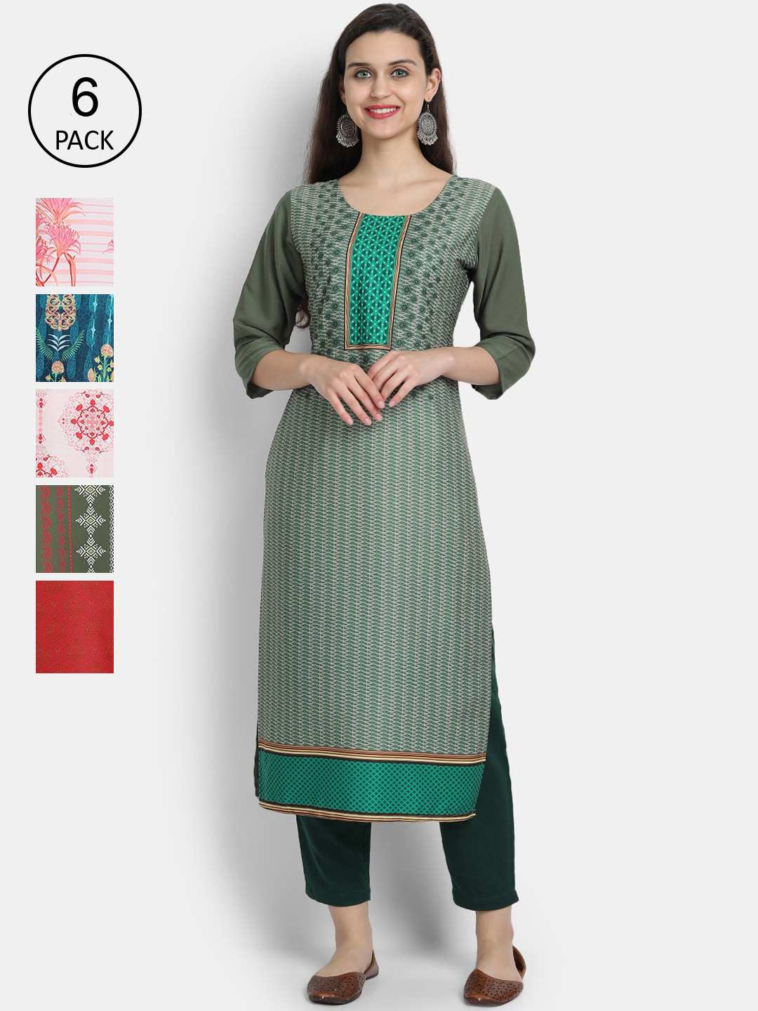 

7Threads Women Multicoloured Set of 6 Ethnic Motifs Printed Crepe Kurta, Multi
