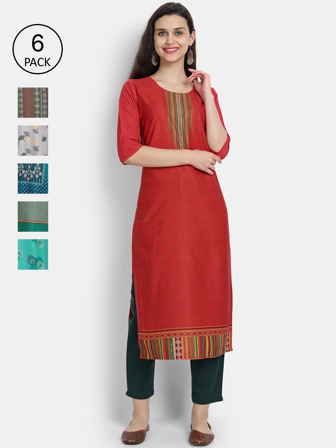 7threads Women Pack of 6 Printed Straight Kurta, Multi