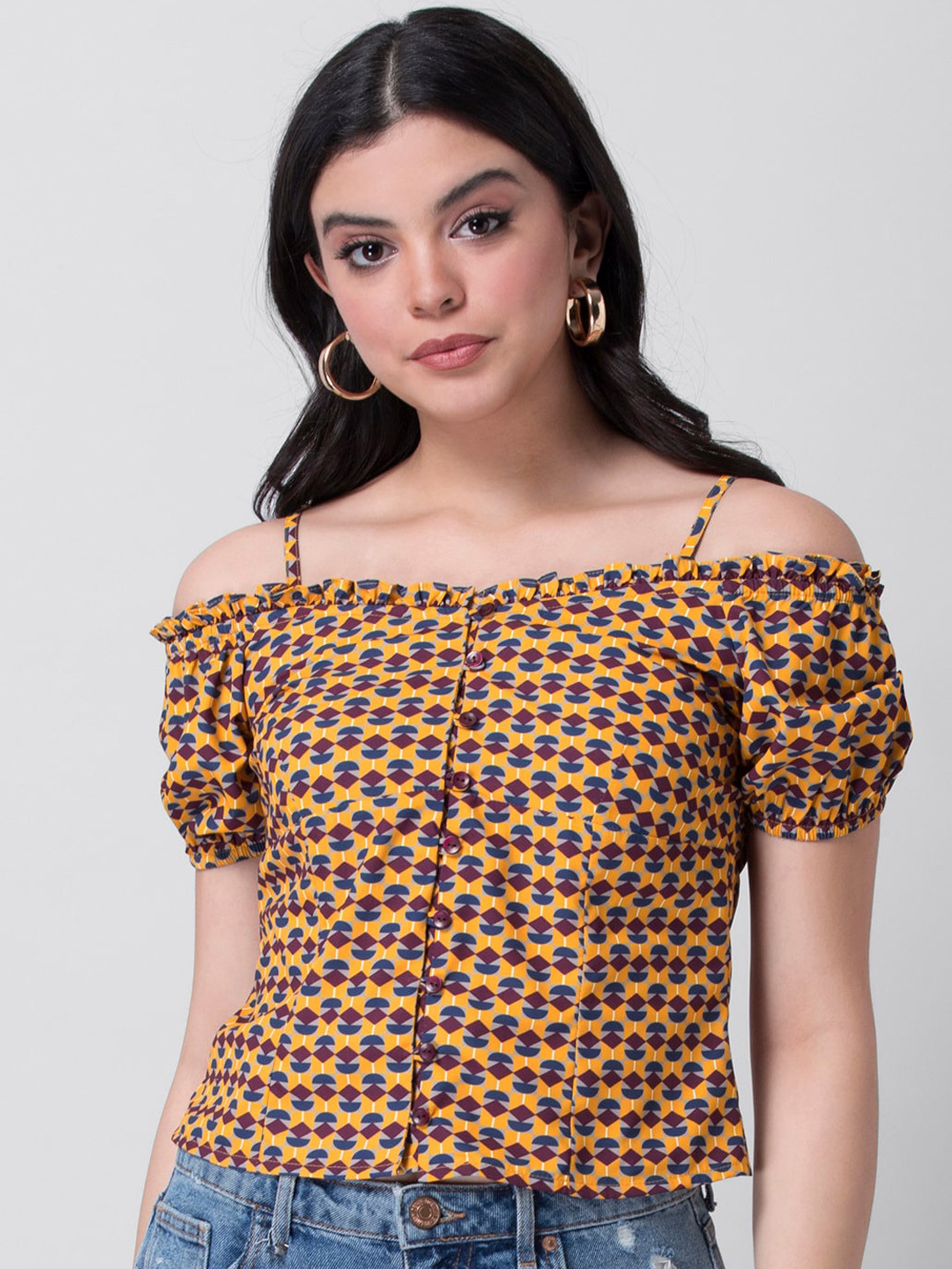 

FabAlley Yellow & Blue Printed Cold-Shoulder Sleeves Crepe Bardot Top