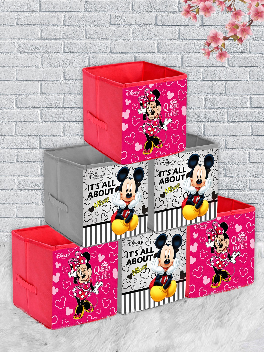 

Kuber Industries Set Of 6 Disney Print Extra Large Foldable Storage Cubes With Handle, Pink
