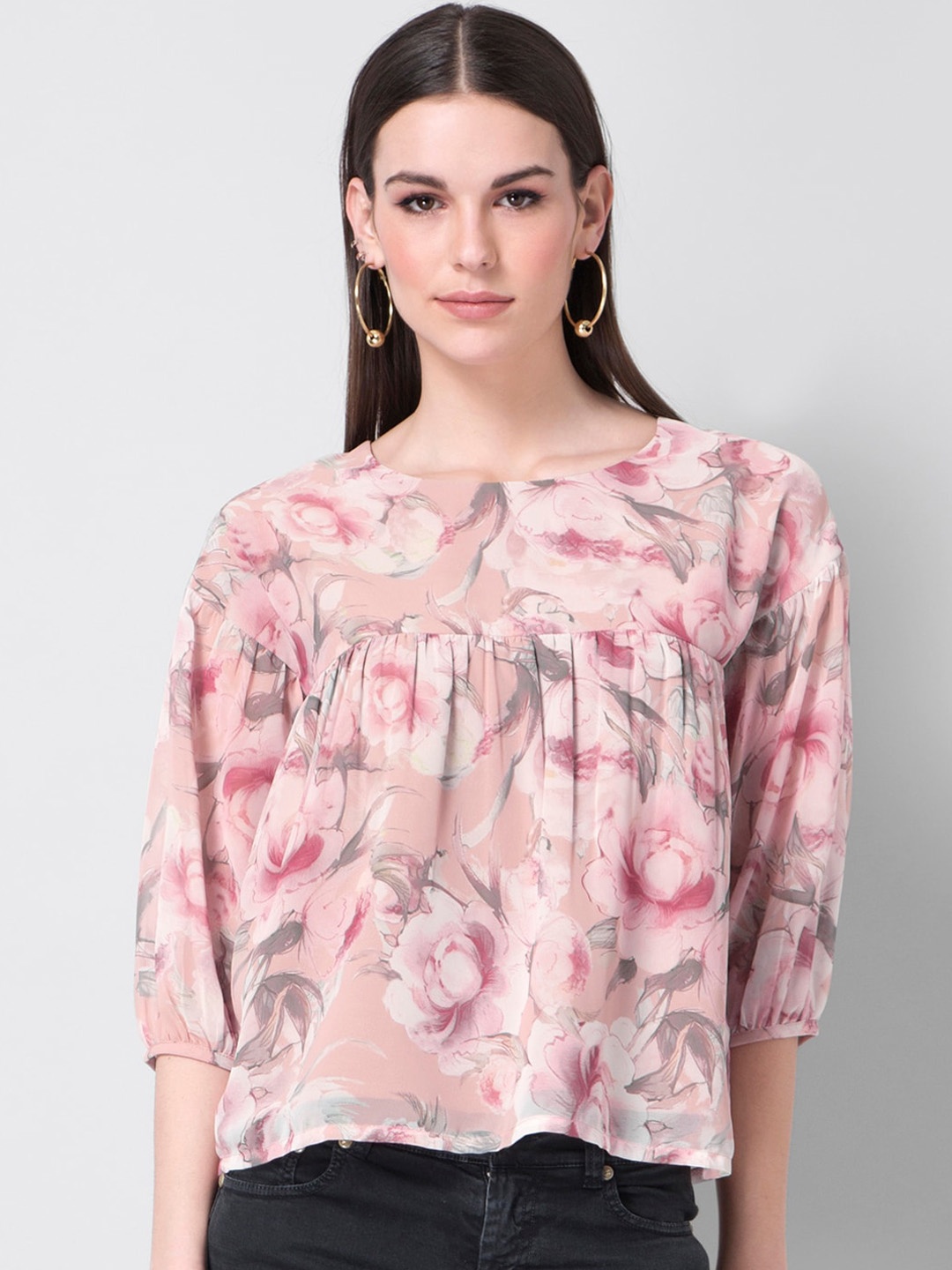 

Faballey Pink Printed Georgette A-line Top