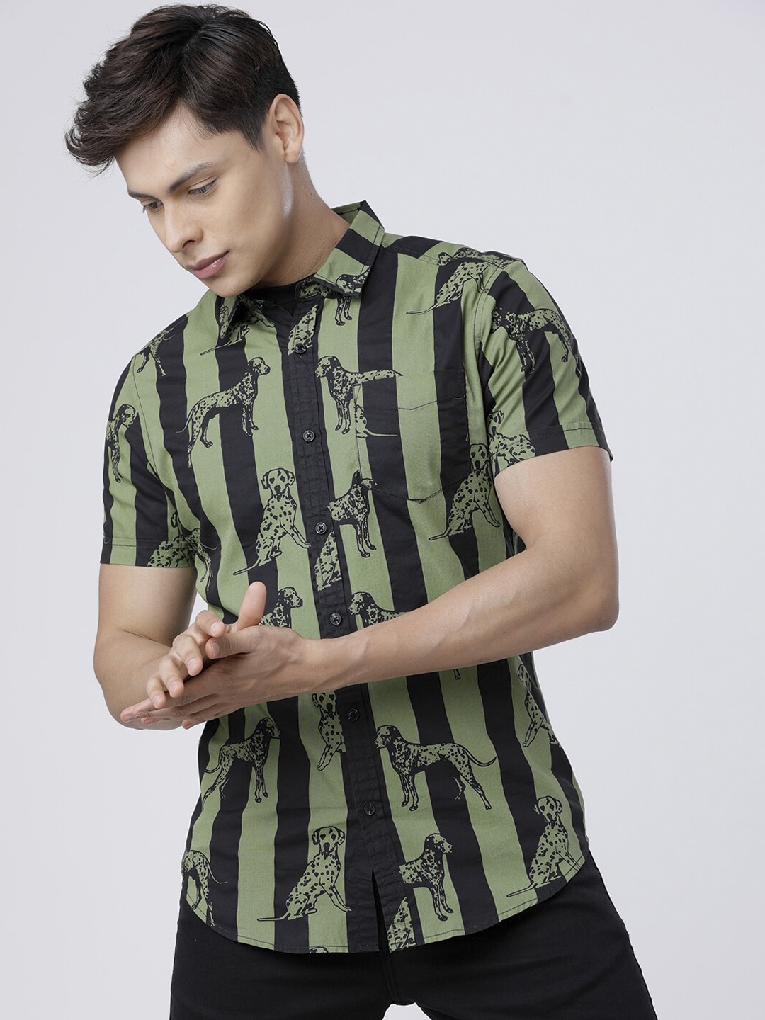 

LOCOMOTIVE Men Olive Green & Black Slim Fit Striped Casual Shirt