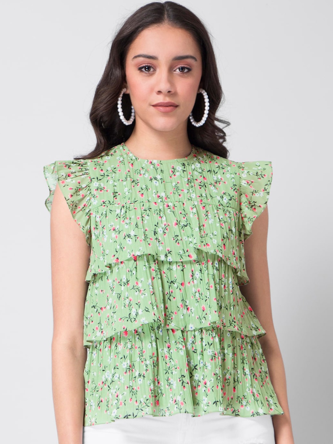 

Faballey Women Green Floral Printed Tiered Layered Ruffled Top