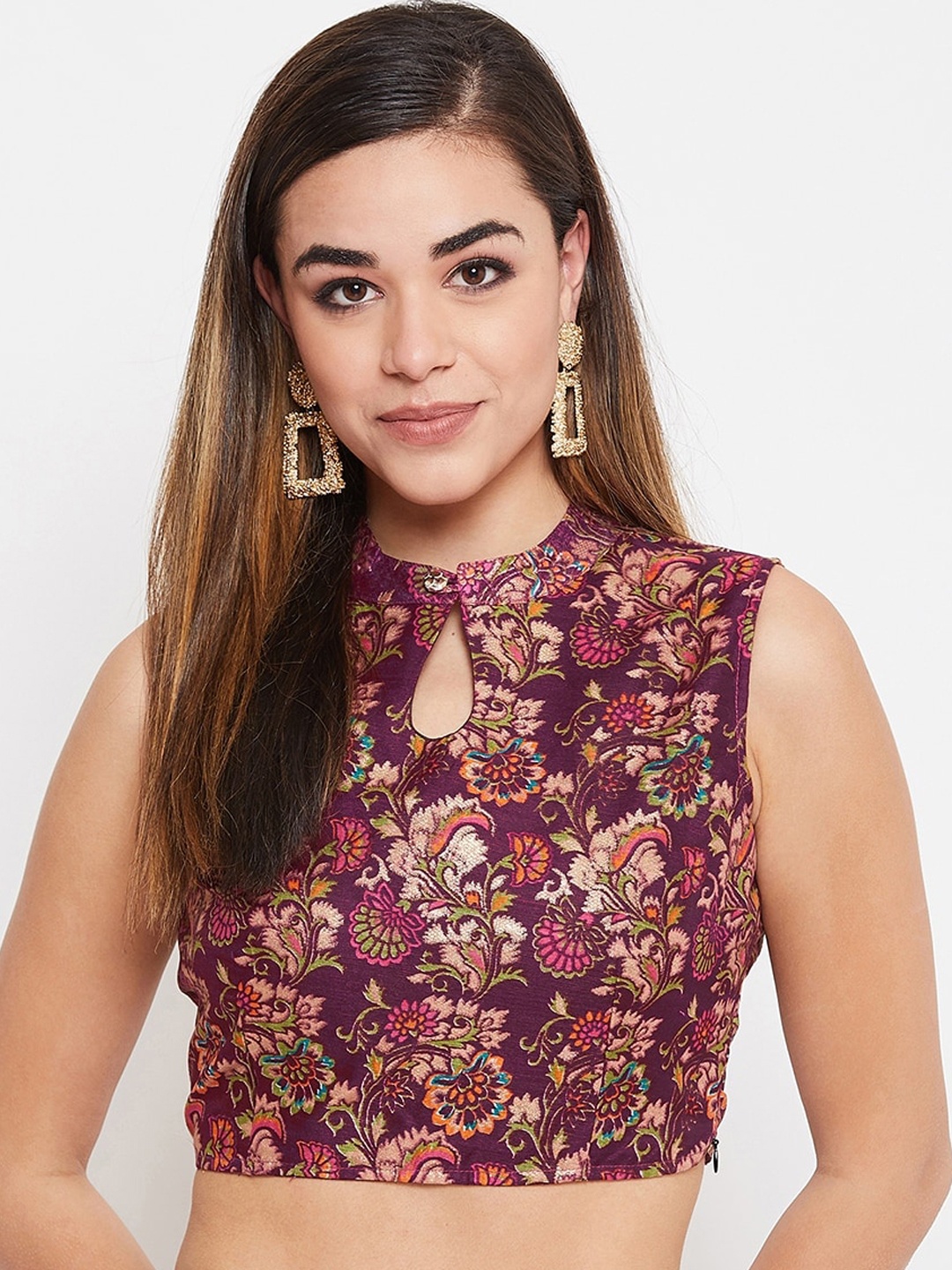 

Castle Women Burgundy & Beige Floral Printed Keyhole Neck Saree Blouse