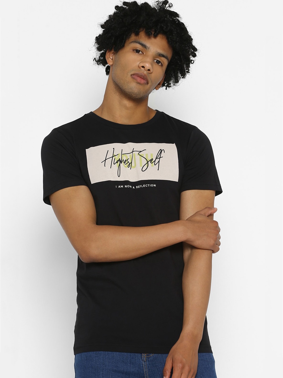 FOREVER 21 Men Black Printed Round Neck Cotton Pure Cotton T-shirt