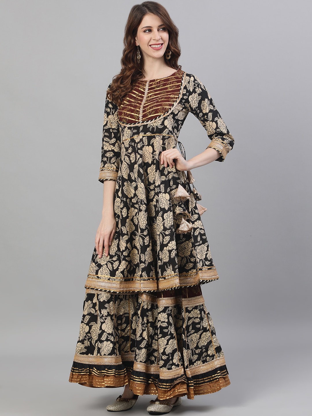 

Ishin Women Black Embroidered Kurti with Sharara & Dupatta