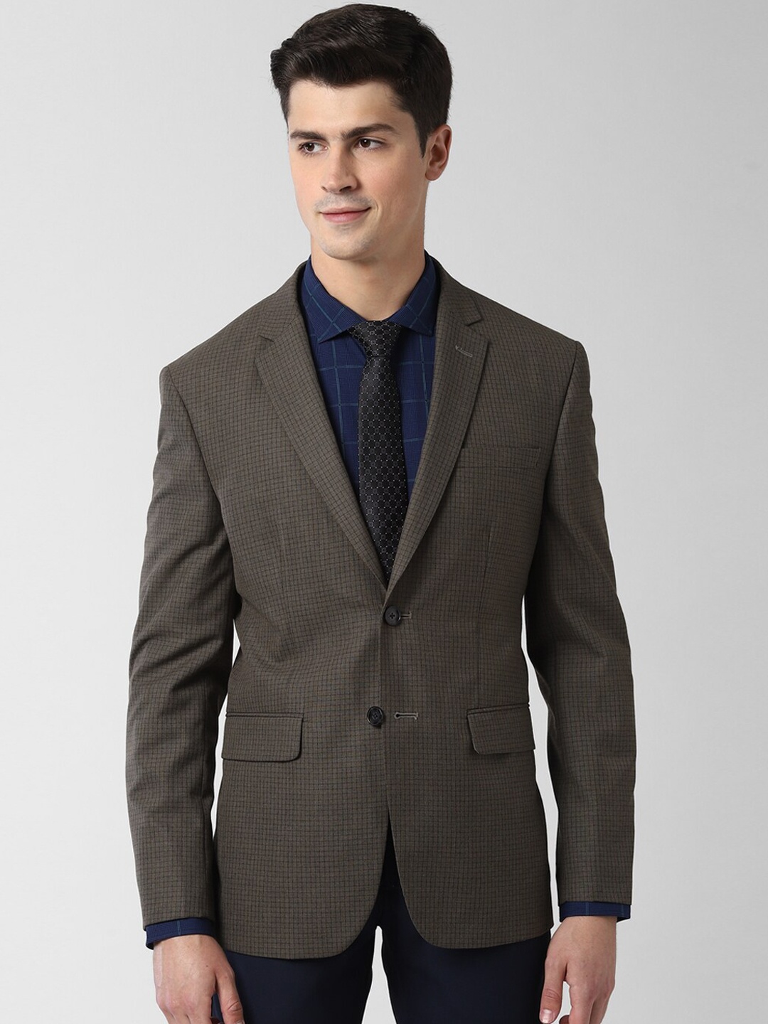 

Peter England Elite Men Brown & Black Checked Slim-Fit Single-Breasted Blazer