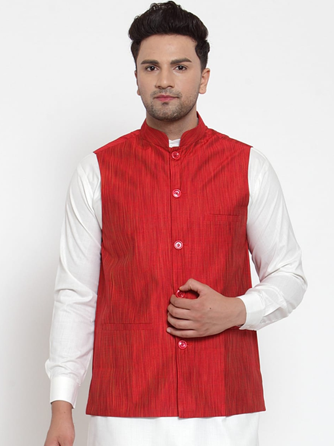 

Jompers Mens Red Woven Design Waistcoat