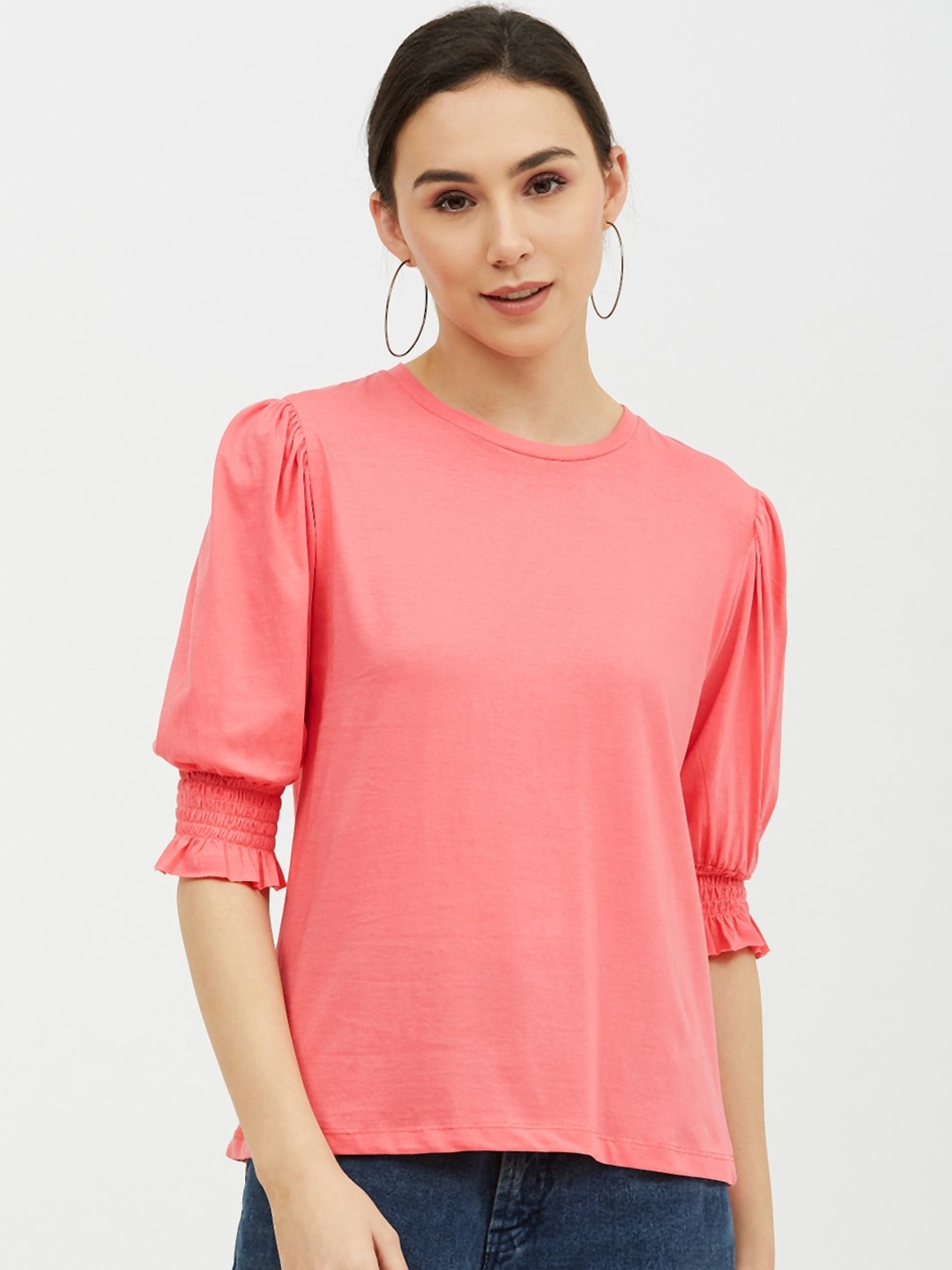 

Harpa Pink Puff Sleeves Pure Cotton Regular Top