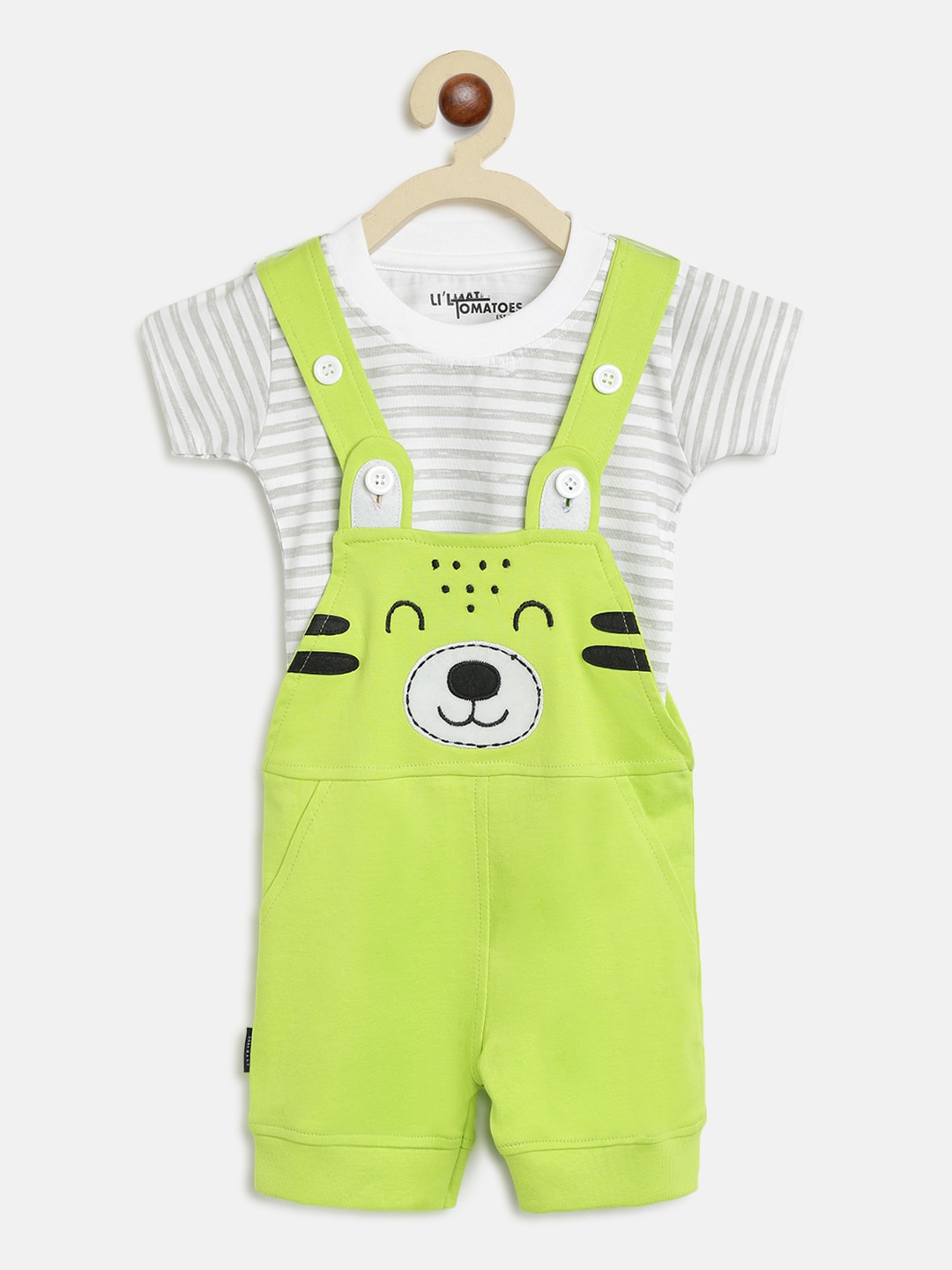 

Lil Tomatoes Infant Kids Green & White Applique Dungarees With T-Shirt