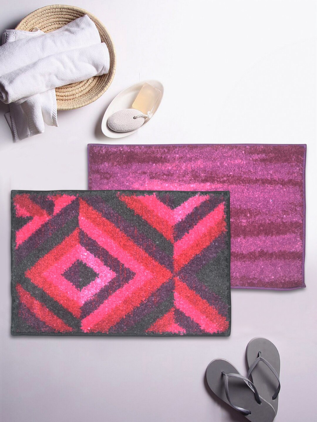 

BIANCA Set Of 2 Printed Microfibre Anti-Skid Bath Rugs, Purple