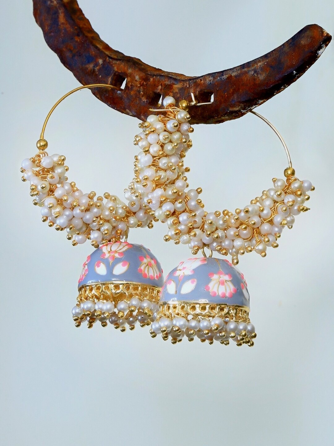 

Crunchy Fashion Gold-Toned & White Pearls Dome Shaped Jhumkas