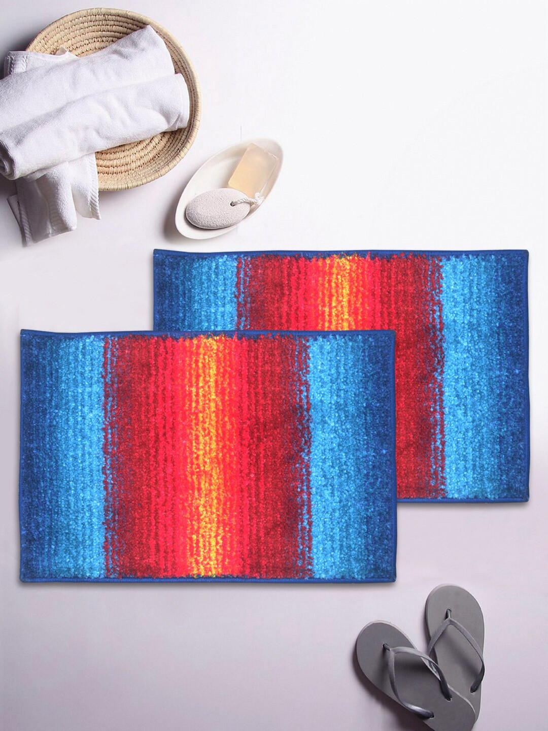 

BIANCA Set Of 2 Blue & Red Printed Microfibre Anti-Skid Bath Rugs