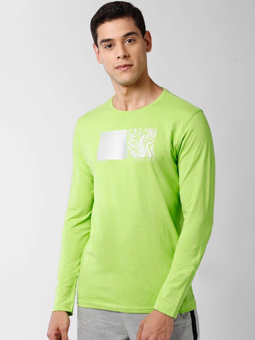 Peter England Men Green Printed Round Neck Cotton Pure Cotton T-shirt