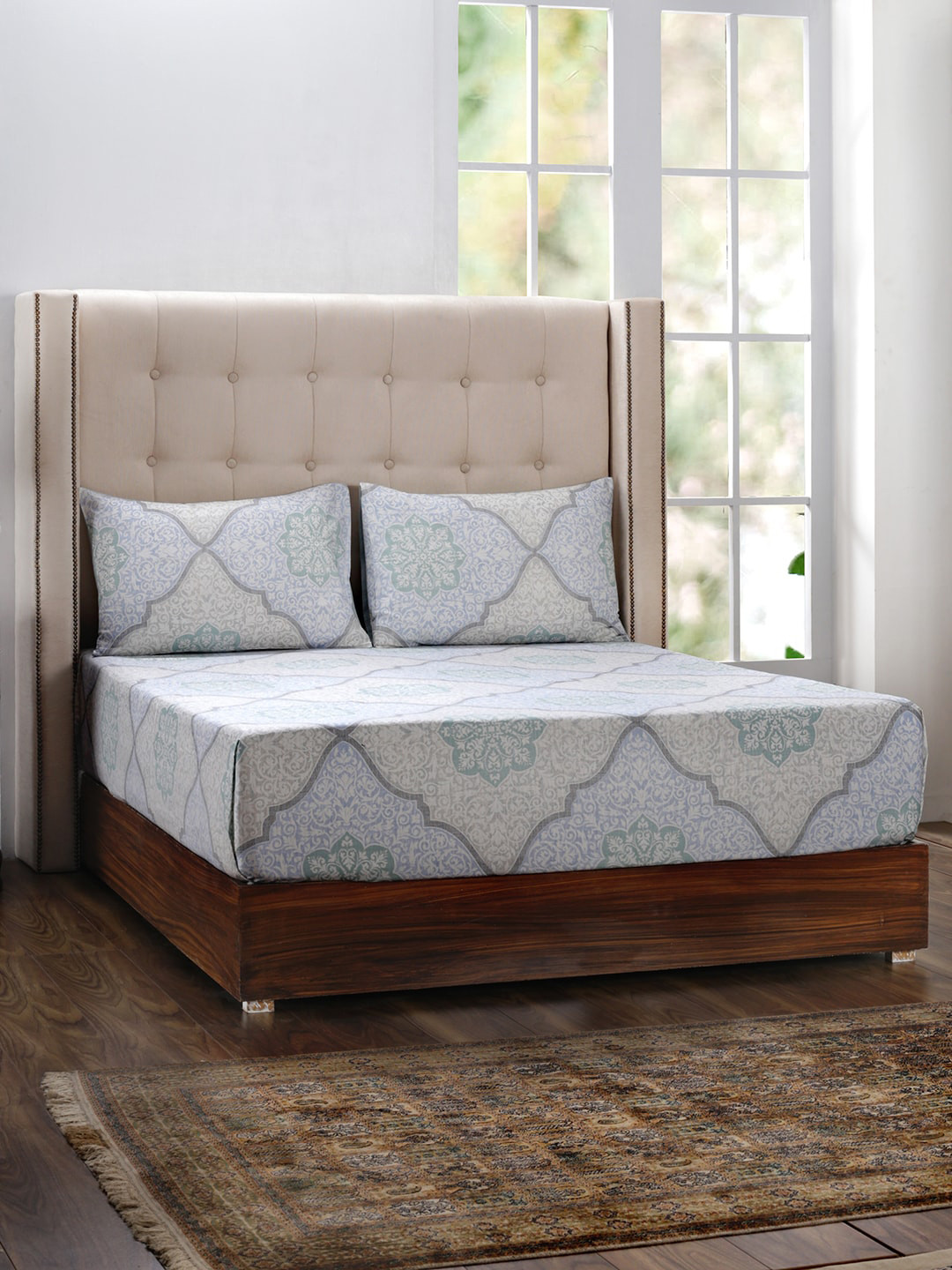 

MASPAR Blue & Grey Ethnic Motifs 400 TC Cotton 1 King Bedsheet with 2 Pillow Covers