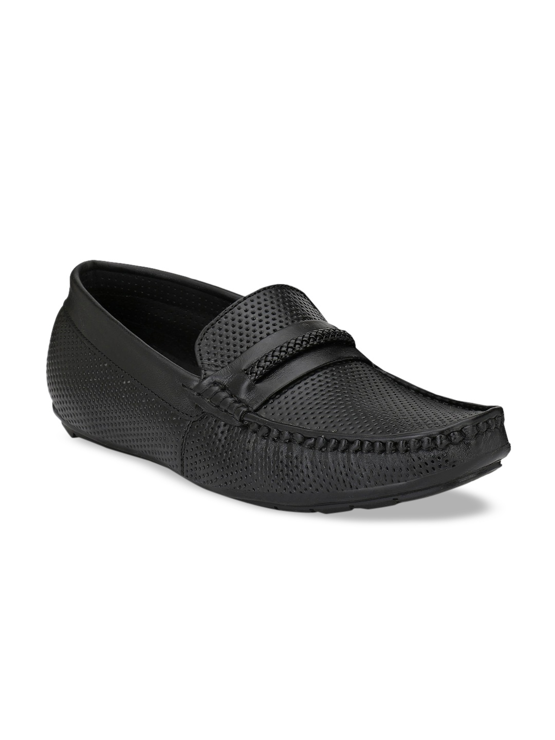 Hirels Men Black Perforations Leather Loafers