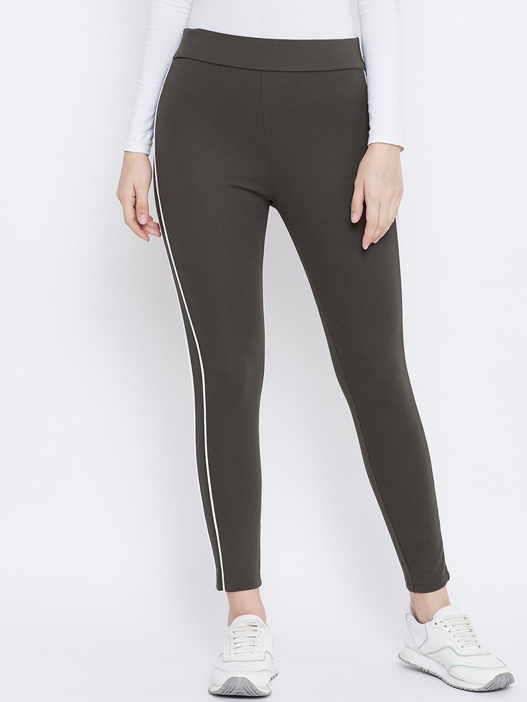 

Clora Creation Women Olive Green & White Striped Treggings