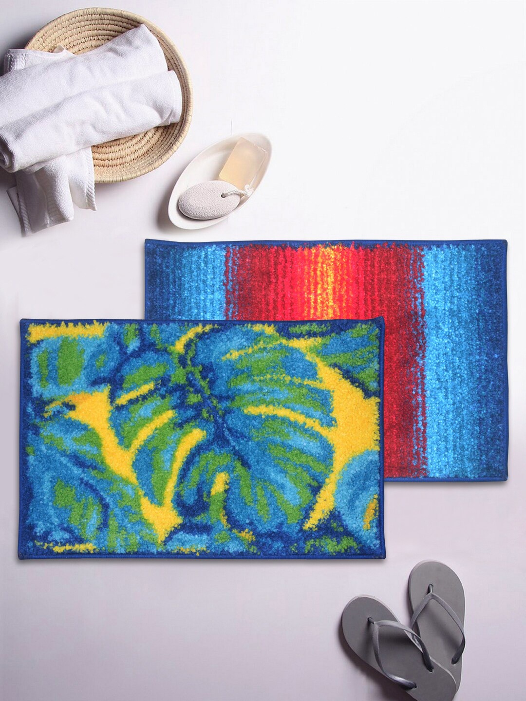 

BIANCA Set Of 2 Printed 1850 GSM Anti-Skid Bath Rugs With Rubber Back, Blue