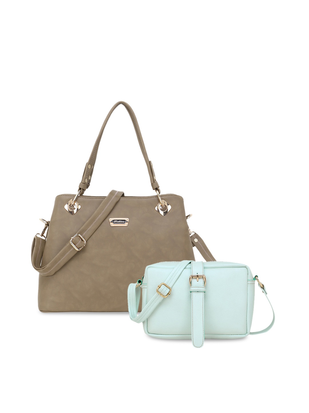 

WOMEN MARKS Taupe & Blue Solid Handheld Bag with Pouch