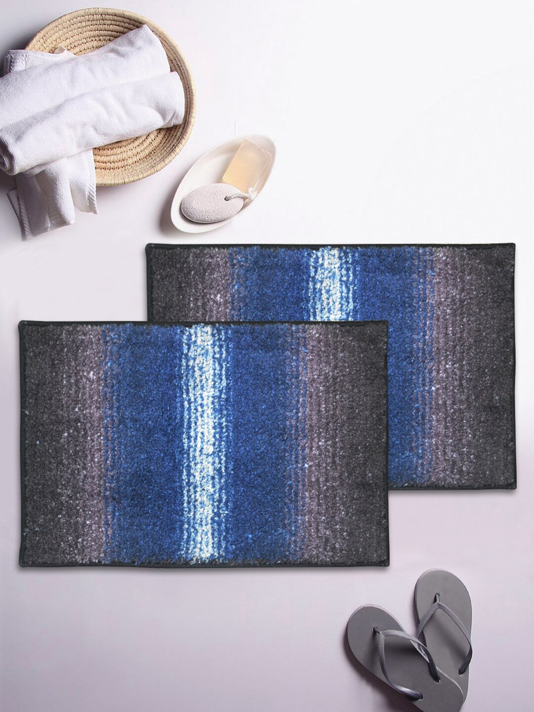 

BIANCA Set Of 2 Blue & Grey Printed 1850 GSM Anti-Skid Bath Rugs