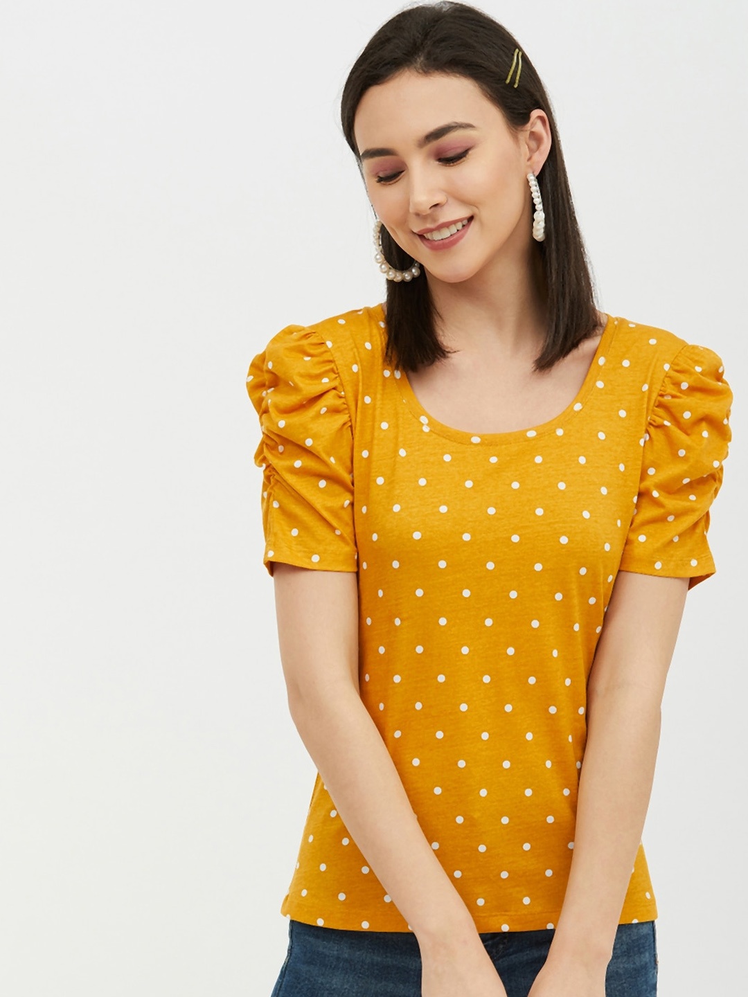 

Harpa Women Mustard Yellow White Polka Dot Printed Round Neck Cotton Pure Cotton T-shirt