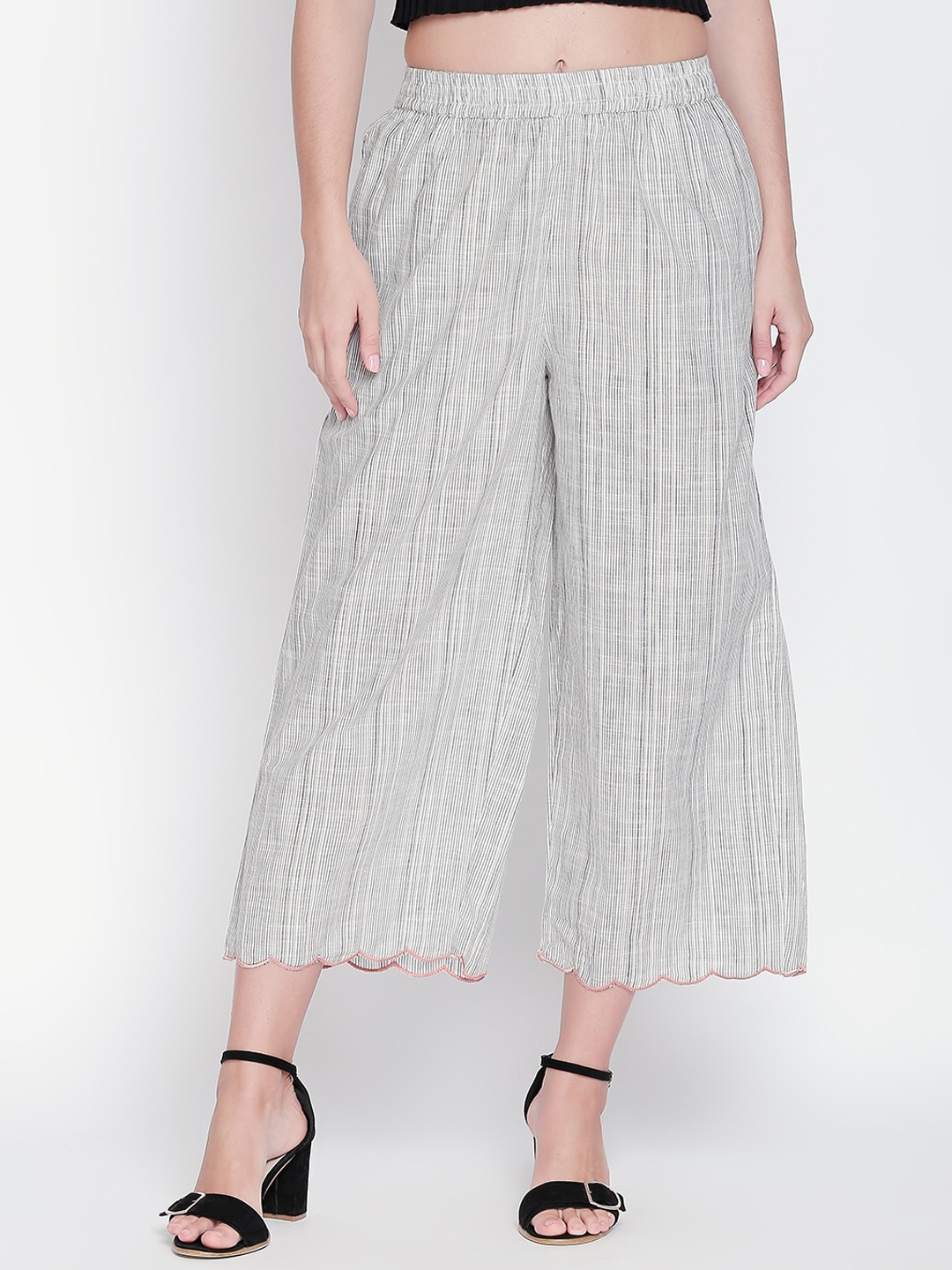 

RANGMANCH BY PANTALOONS Women Grey & Black Striped Straight Palazzos