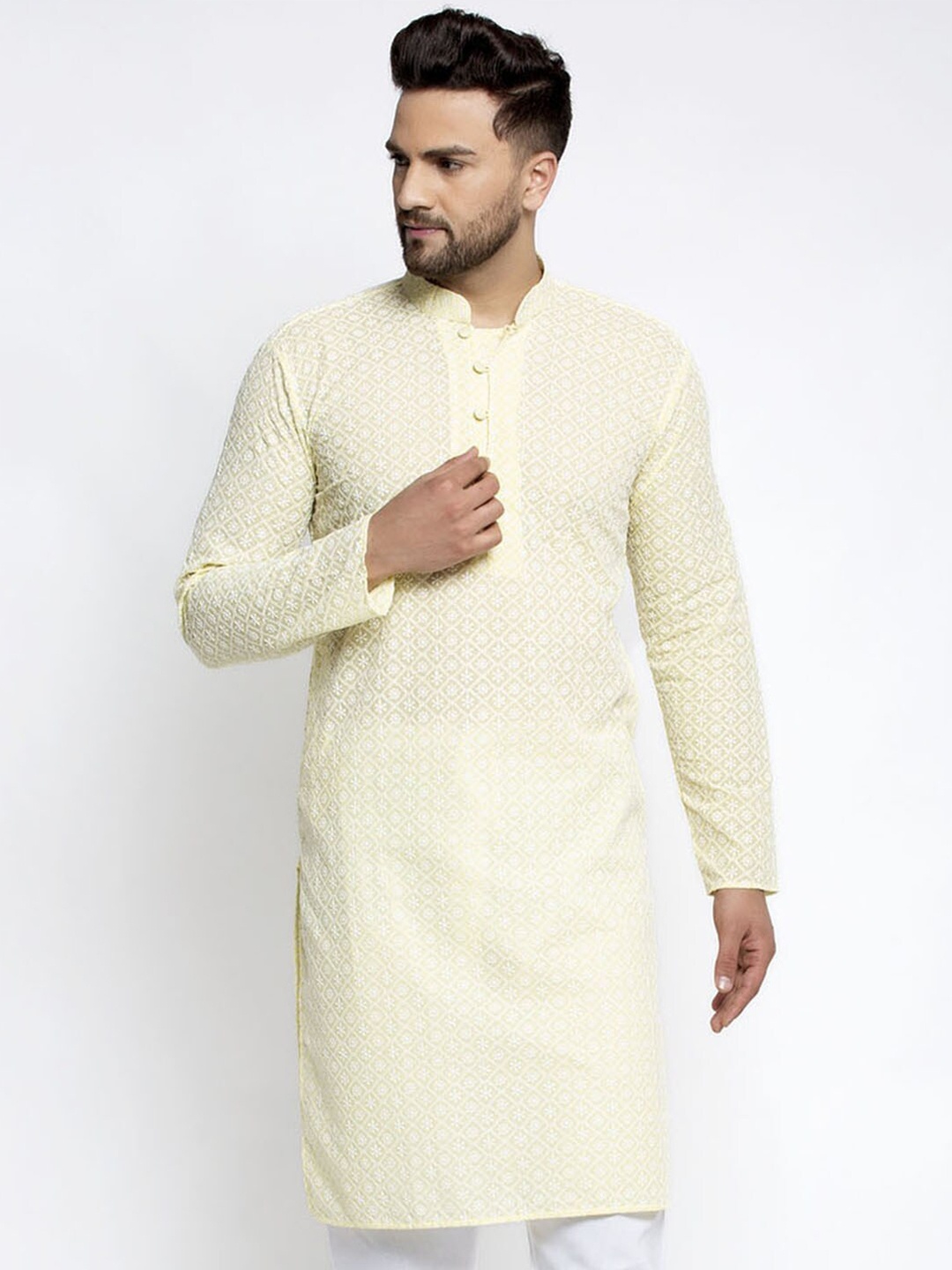 

Jompers Men Yellow Floral Embroidered Thread Work Kurta