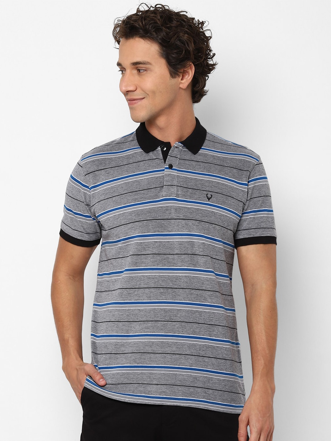 

Allen Solly Men Grey Striped Polo Collar T-shirt