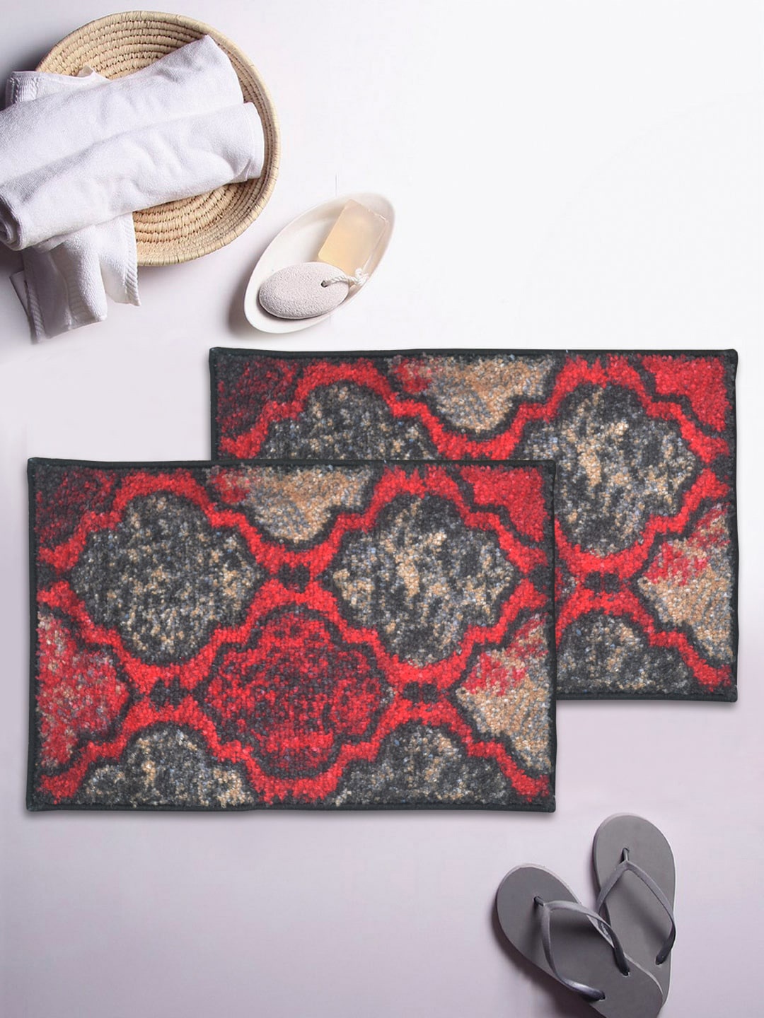 

BIANCA Set Of 2 Red & Brown Printed 1850 GSM Microfibre Anti-Skid Bath Rugs