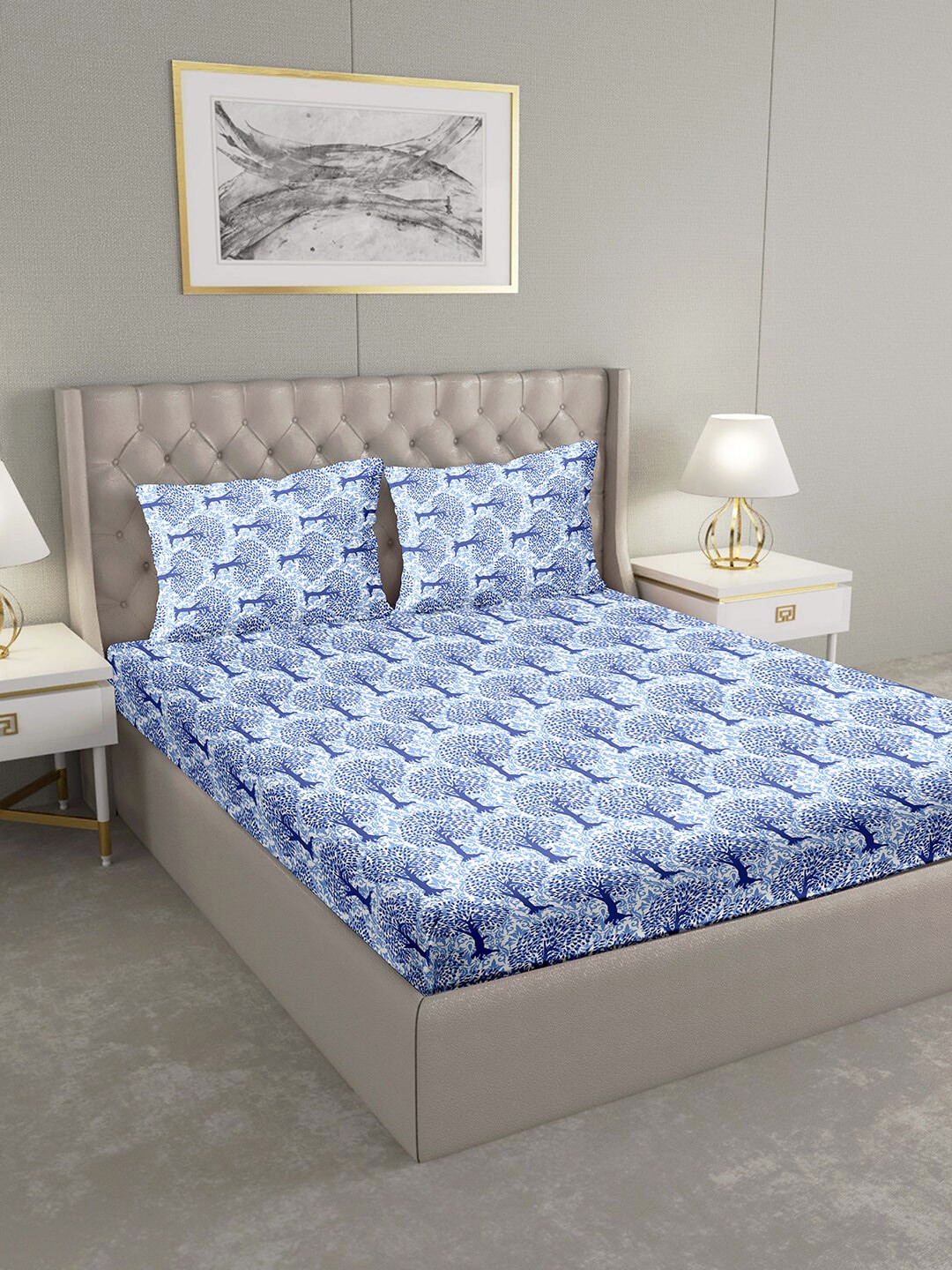 

BELLA CASA Blue & White Floral 124 TC Cotton 1 Extra Large Bedsheet with 2 Pillow Covers