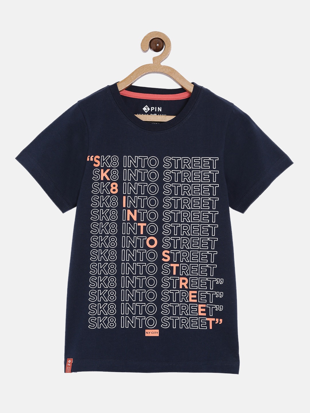 3PIN Boys Navy Blue Printed Round Neck T-shirt