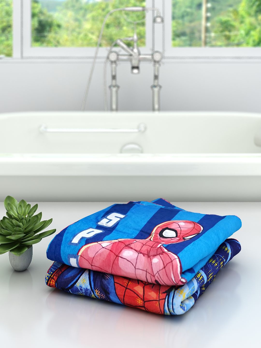 Athom Trendz Marvel Kids Set Of 2 Printed 350 GSM Bath Towels, Blue